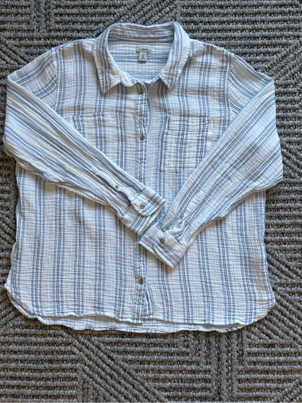 L.L. Bean White and Light Blue Striped Casual Button-Down Shirt